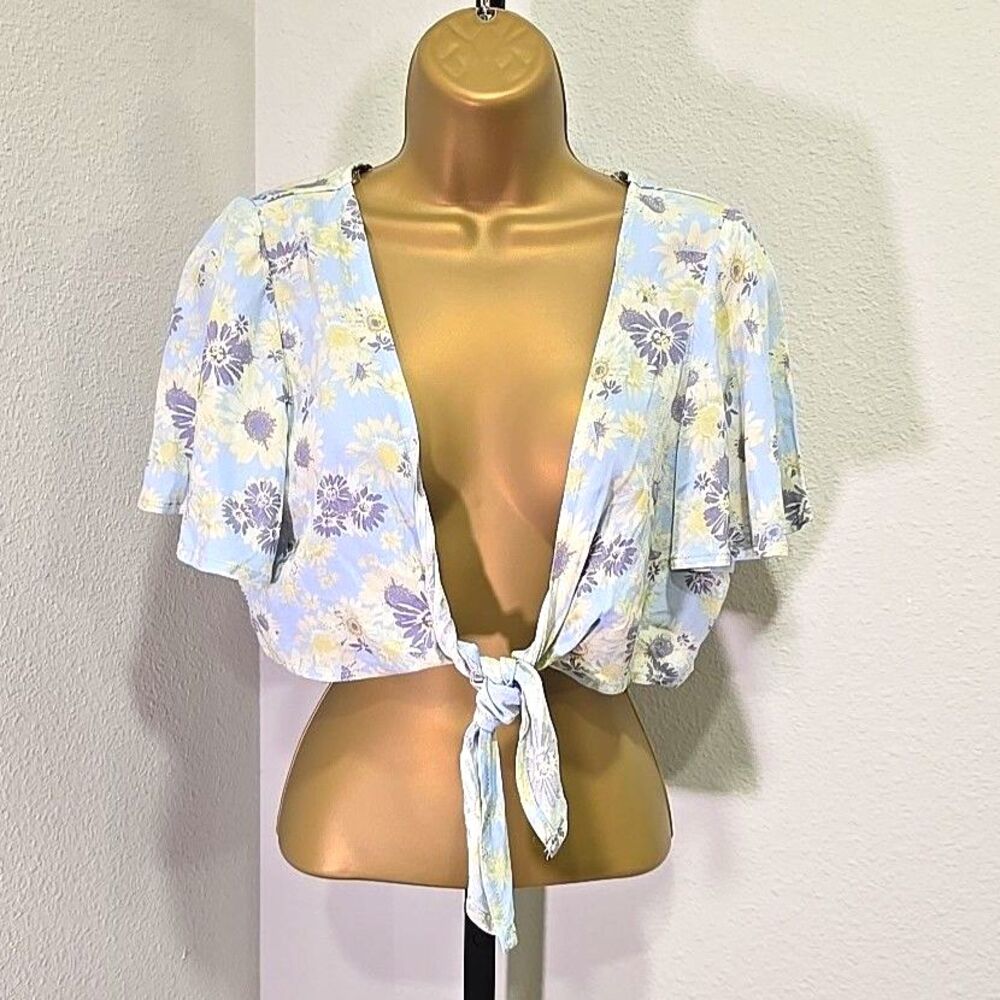 Crop Front Tie Floral Top Medium Blue Flutter Sleeve Boho Fairy Festival Concert